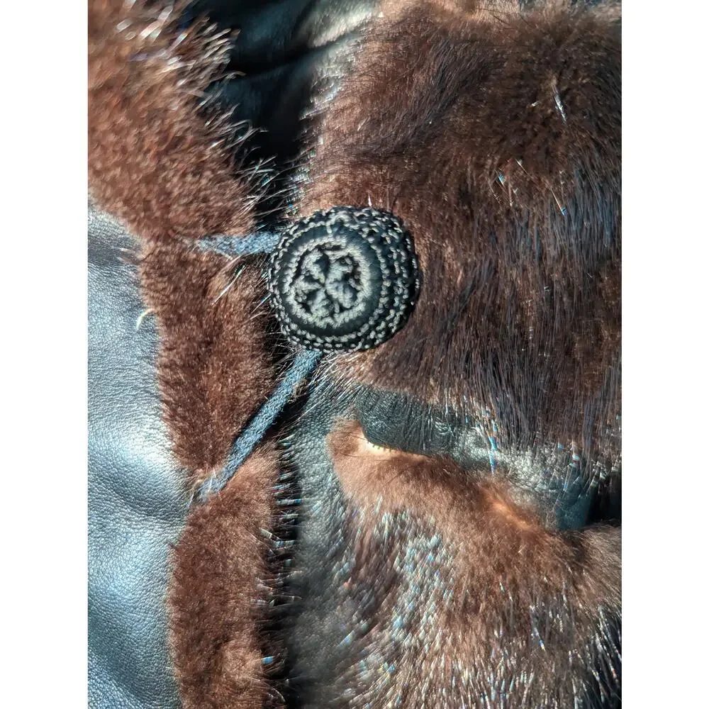 Vintage 70's Dayton's Black Leather Coat with Fur Accents Tie Waist Black Brown - Picture 12 of 14